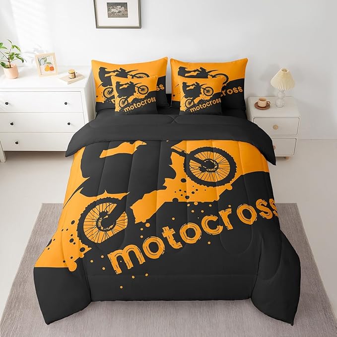 Erosebridal Motocross Bed in a Bag Queen Comforter Set 7 Piece,Motorbike Race Car Bedding Sets Motorcycle Dirt Bike Sheet Set with Comforter
