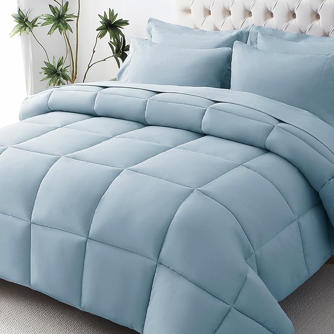 JOLLYVOGUE California King Comforter Set, Ultra-Soft Bed in a Bag Cal King Size 7 Pieces, Oeko-TEX Certified Bedding Set with Down Alternative Comforter, Sheets, Pillowcases & Shams, Lake Blue