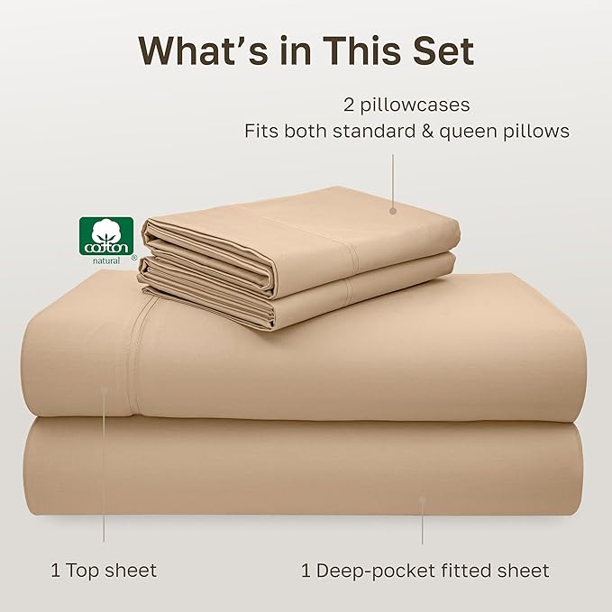 California Design Den 100% Cotton Full Sheet Set, 600 Thread Count Sateen, Soft, Bed Sheet with Deep Pockets, Bedding Sheets & Pillowcases (Golden Tan)