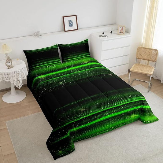 Ombre Stripes Bedding Set Full Black Green Outer Space Comforter Modern Gradient Geometric Down Comforter for Kids Boys Girls Teens Adult Soft Quilt Warm Lightweight with 2 Pillowcases Bedroom Decor