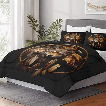 Queen Size Comforter Set with 2 Pillowcases, American Boho Feather Dreamcatcher 3 Pcs Bedding for Kids and Adults, Black Tribal Three Wolf Soft Comforter Set for Bedroom Bed Decor