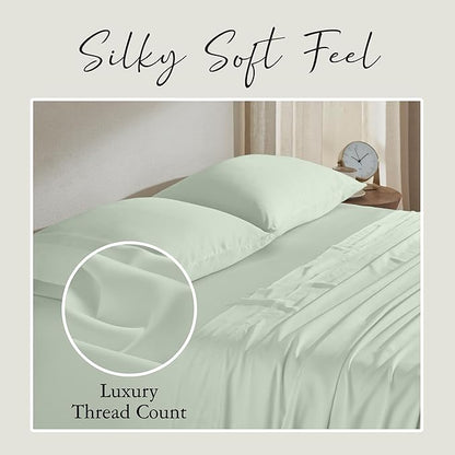 KARISSA MAE Cooling Bamboo Viscose King Size Sheet Set | 100% FSC Certified | 18” Deep Pocket | Silky, Soft, & Hypoallergenic | with Organizer Band & Elastic Corner Straps [Sea Glass]