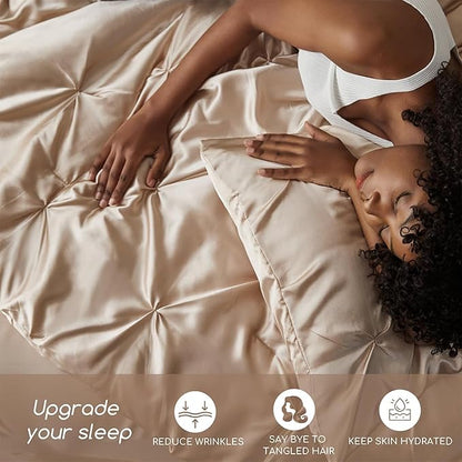 MR&HM Satin Comforter Set Oversized Queen, 7 Piece Bed in a Bag, Silky Soft All Season Bed Set, Luxury Pinch Pleat Bedding Set with Comforter, Sheets, Pillowcases & Shams, Champagne