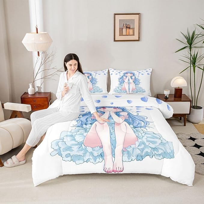 Erosebridal Blue Girly Anime Kids Down Comforter,Cute Cartoon Girl Queen Comforter Set Romantic Aesthetic Bedding Set Kawaii Watercolor Love Heart Quilt Set 2 Pillow Cases