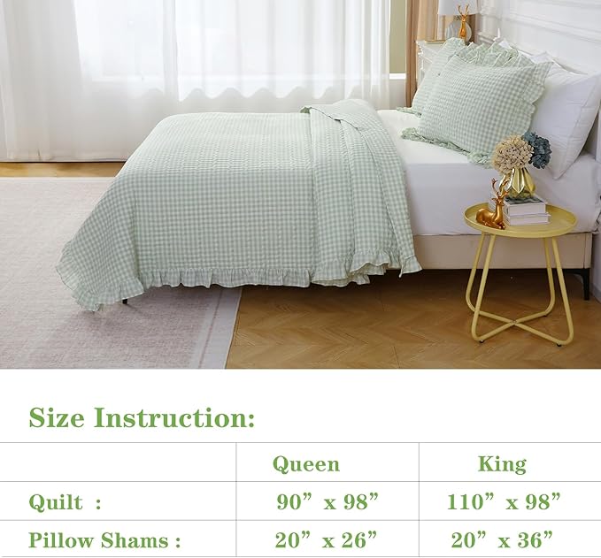Pile Green White Ruffle Gingham Quilt Set Queen Size with Pillow Shams, 100% Washed Cotton Yarn-Dyed Quilted Bedspread Bedding Set (Pile Green, Queen)