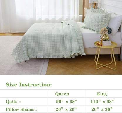 Pile Green White Ruffle Gingham Quilt Set Queen Size with Pillow Shams, 100% Washed Cotton Yarn-Dyed Quilted Bedspread Bedding Set (Pile Green, Queen)
