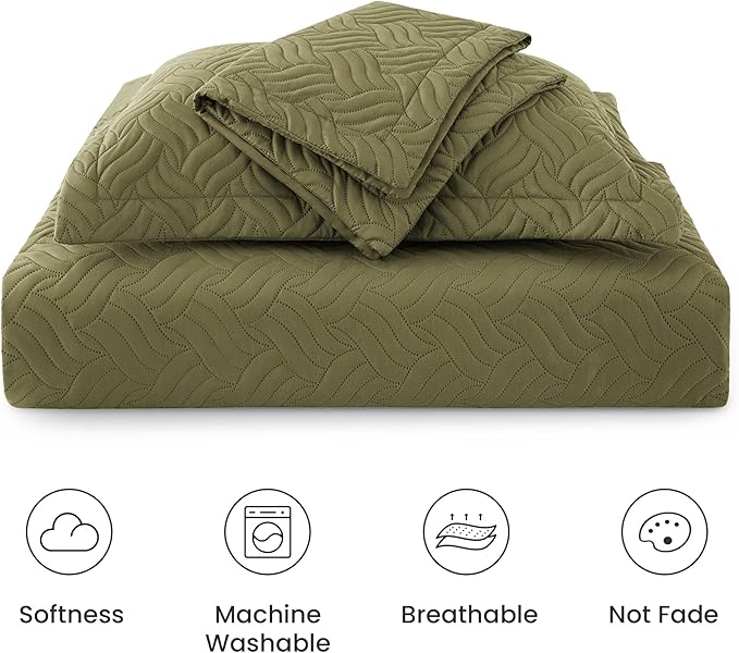 Love's cabin King Size Quilt Bedding Set Olive Green Bedspreads - Bed Summer Lightweight Bedspread Comforter - Wave Pattern Bedding Coverlet for All Season - 3 Pieces (1 Quilt, 2 Pillow Shams)