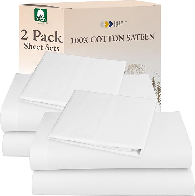 California Design Den 100% Cotton Bed Sheets - 2-Pack Twin Sheets Set - Sateen Weave, Soft & Durable, 12" Pocket Bedding Set - White