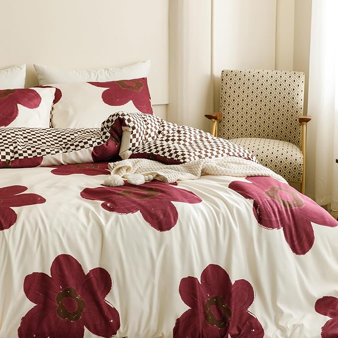 KAREVER Burgundy Floral Comforter Twin White with Burgundy Flower Bedding Set 3 PCs Comforter Set Twin Size Comforter (68x90 Inches) with 2 Pillowcases (26x26 inches)