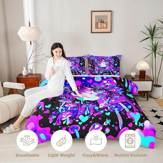 Erosebridal Japanese Girl Bedding King,Cartoon Girly Comforter Set 3D Anime Gifts Bed Sets Colorful Graffiti Print Duvet Insert 3 Pieces
