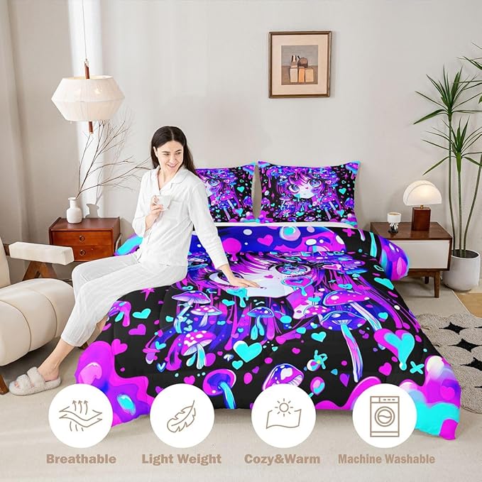 Erosebridal Japanese Girl Bedding Full,Cartoon Girly Comforter Set 3D Anime Gifts Bed Sets Colorful Graffiti Print Duvet Insert 3 Pieces