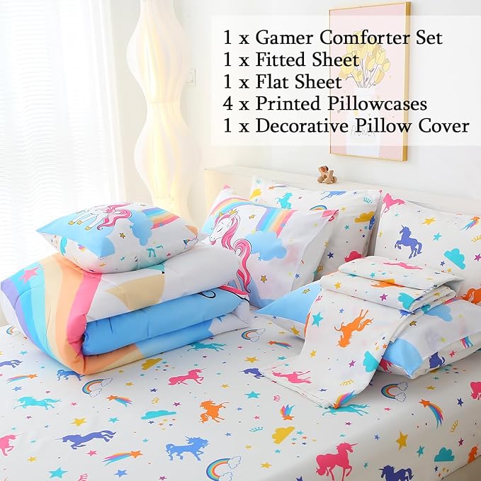 JQinHome Unicorn Queen Bedding Sets for Girls Kids,8 Piece Bed in A Bag 3D White Sky Rainbow Clouds Theme Unicorn Comforter Set with Sheet Set(White)