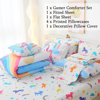 JQinHome Unicorn Queen Bedding Sets for Girls Kids,8 Piece Bed in A Bag 3D White Sky Rainbow Clouds Theme Unicorn Comforter Set with Sheet Set(White)