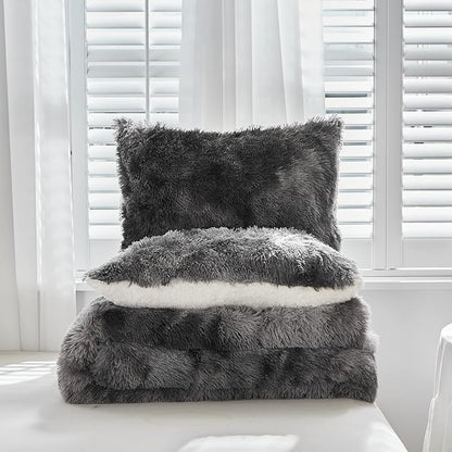 Luxury Faux Fur Shaggy Comforter Set King Size, Plush & Sherpa Reversible Comforter Tie Dye Black, 3 Pieces Fluffy Fuzzy Bedding Set Ultra Soft and Warm for Winter (1 Comforter + 2 Pillowcases)