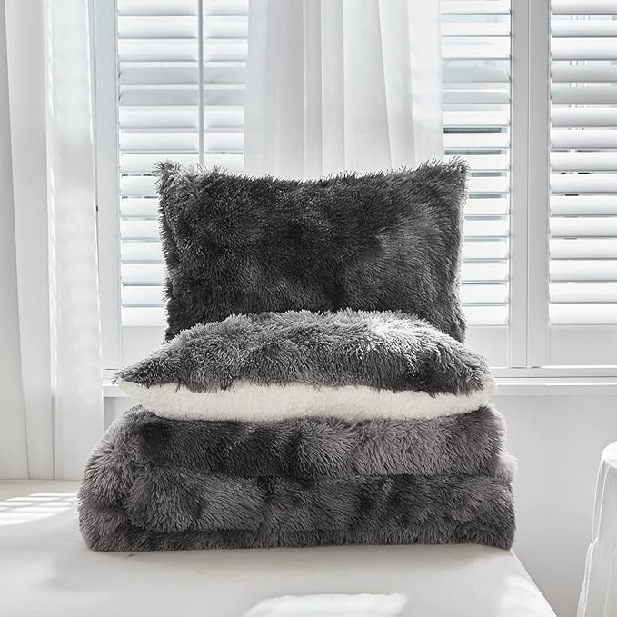 Luxury Faux Fur Shaggy Comforter Set Full/Queen Size, Plush & Sherpa Reversible Comforter Tie Dye Black, 3 Pieces Fluffy Fuzzy Bedding Set Ultra Soft and Warm for Winter (1 Comforter + 2 Pillowcases)