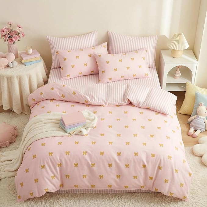 Pink Comforter Set Full Gold Bow Bedding Set for Girls Kids, Reversible Pink White Wide Striped Pattern, Coquette Comforter 3 Pieces, with 2 Pillowcases, Soft 100% Microfiber
