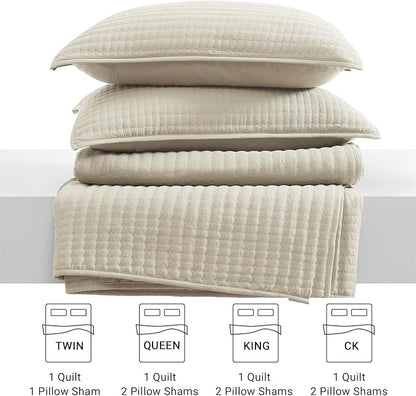 WRENSONGE King Size Quilt-3 Pieces Lightweight Bedspreads Light Oatmeal King Quilt Bedding Set for All Seasons, Soft Summer Coverlet with 2 Pillow Shams Suitable for Bed, Couch, Quilt Blanket