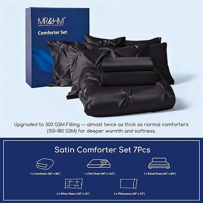 MR&HM Satin Comforter Set Oversized Queen, 7 Piece Bed in a Bag, Silky Soft All Season Bed Set, Luxury Pinch Pleat Bedding Set with Comforter, Sheets, Pillowcases & Shams, Black