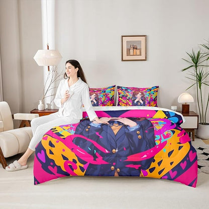 Erosebridal Anime Girl Queen Bedding Set 7 Piece, Japanese Anime Comforter Set for Kids Girls Teens Adult Bedroom, Cartoon Girl Comforter Sets with Sheet Kawaii Japanese Animation Bed in A Bag