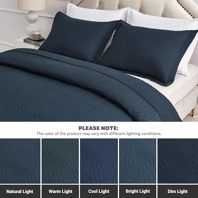 Maple&Stone Quilt Set King Size, Lightweight Navy Bedspread Ultrasonic Chevron Pattern Light Coverlet for All Season Comforter Bedding Decor - 3 Piece King Bed Cover Sets