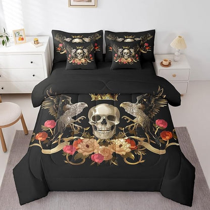 Erosebridal Sugar Skull Bed in a Bag Queen Comforter Set 7 Piece,Eagle Bedding Sets Bohemian Flowers Sheet Set with Comforter