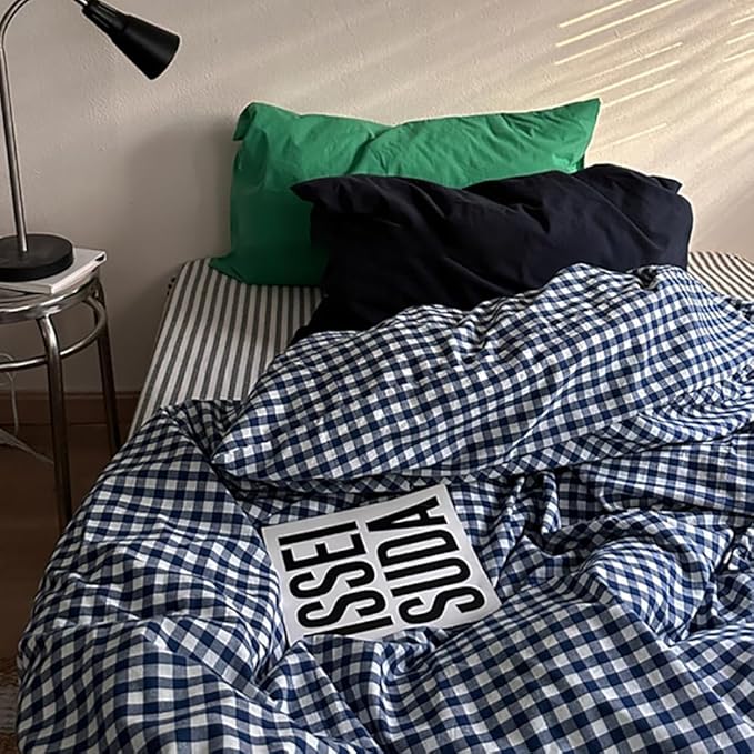 Nayoroom Navy Blue Gingham Duvet Cover Queen Size 100% Washed Cotton Plaid Checkered Duvet Cover 3 Pieces Soft Breathable Grid Farmhouse Dorm Bedding Set for All Seasons