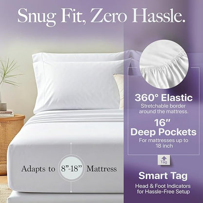 Carressa Linen 100% Egyptian Cotton King Size Sheets Set - 600 Thread Count Egyptian Cotton Queen Sheets King Size (8 PC, Crisp White), Soft, Cooling, 16" Deep Pocket Sateen Weave Luxury Bed Sheet
