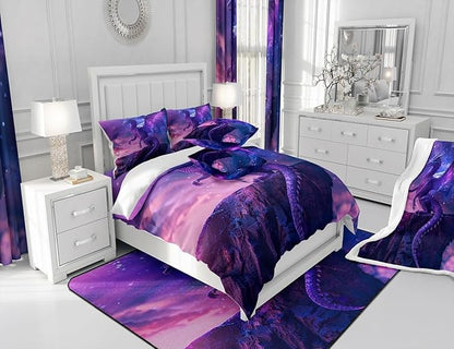 3D Purple Dragon Comforter Set Twin Size,Magical Wild Animal Duvet Insert 2Pcs,Galaxy Nebula Starry Sky Fantasy Bedding Set for Kids Boys Girls Room Decor,Modern Trippy Quilt Set,1 Pillowcase