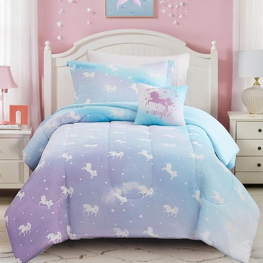 Full Size Comforter Set for Girls-4 Pieces Unicorn Glow in the Dark Full Bedding Sets for Kids, 1 Comforter, 2 Shams and 1 Decor Pillow