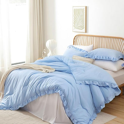 JANZAA Ruffle Light Blue Comforter Set Twin Size Comforter 3PCS 1 Emerald Comforter and 2 Pillowcases Vintage Farmhouse Shabby Chic Bedding Soft Fluffy Comforter Set All Season (Light Blue, Twin)
