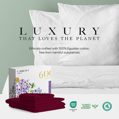Carressa Linen 100% Egyptian Cotton Twin XL Sheets Set - 600 Thread Count Luxury Egyptian Cotton Sheets Twin XL Size (3 PC, Classic Burgundy), 16" Deep Pocket, Soft, Cooling, Sateen Weave Dorm Bedding