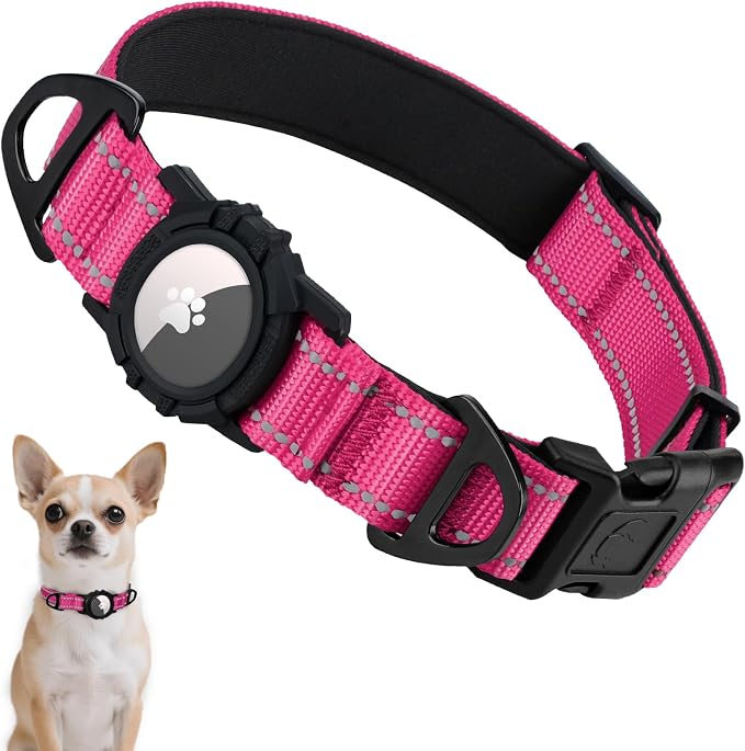 Taglory AirTag Dog Collar with Waterproof Holder for Puppy, Hot Pink, XS | Reflective for Night Walks & Low-Light Safety, Track Your Pup Peace of Mind, Adjustable Soft Padded, No More Dangling Tags
