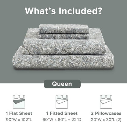 Comfort Spaces Extra Deep Pocket, 100% Cotton Queen Fits up to 24" Mattress, Breathable, Naturally Cool Cotton, Soft Cotton Sheets, All Seasons Sheet Set, Paisley 4 Piece