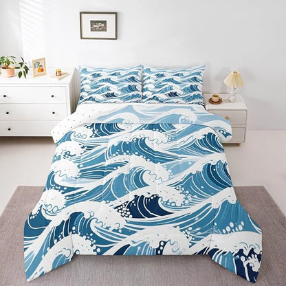 Erosebridal Sea Waves Comforter Set Toddler Size Ukiyo-E Bedding Set for Kids Men Women Geometric Japanese Style Navy Blue White Comforter Warm Soft Quilt Insert