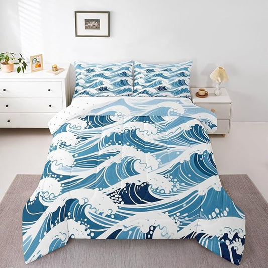 Erosebridal Sea Waves Comforter Set Toddler Size Ukiyo-E Bedding Set for Kids Men Women Geometric Japanese Style Navy Blue White Comforter Warm Soft Quilt Insert