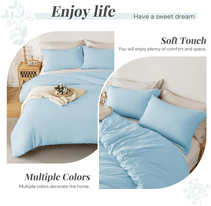 MILDLY Super Soft Duvet Cover - 100% Washed Microfiber Cool Blue Comforter Cover Set 3 Pieces with Zipper Closure & Corner Ties (No Comforter)