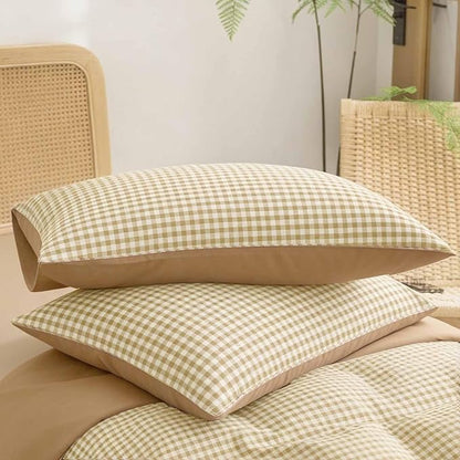 ETDIFFE King Size Brown Comforter Set, 3 Piece Tan Gingham Grid Bed Set - Soft and Lightweight Buffalo Checkered Plaid Microfiber Down Alternative Comforter (90x104)