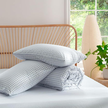 Nayoroom Gingham Comforter Set Queen Size Blue Plaid Checkered Comforter 3 Pieces Soft Lightweight Grid Dorm Bedding Set for All Seasons (1 Comforter, 2 Pillowcases)