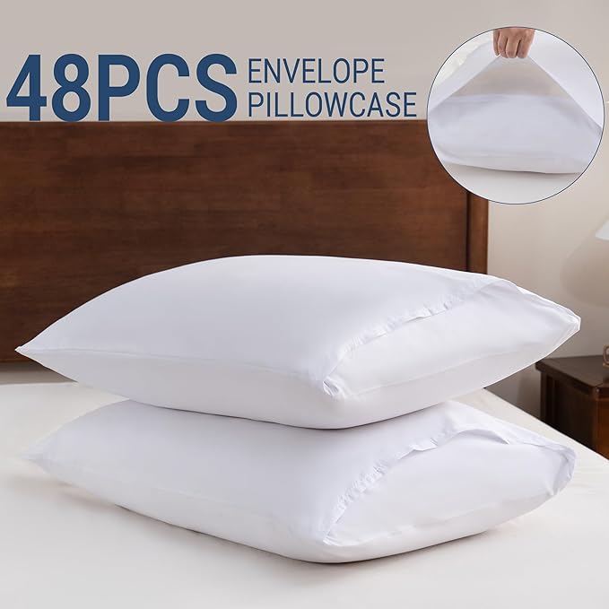 White Pillowcases Standard Size 48 Pack - Bulk Pillow Cases with Envelope Closure, Soft Brushed Microfiber Pillow Covers Hospital Hotel Airb&bs Essentials for Hosts, 20x26