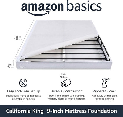 Amazon Basics Smart Box Spring Bed Base, 9-Inch Height Mattress Foundation, Tool-Free Easy Assembly, Metal Frame, Cal King, 83" x 71" x 9", White