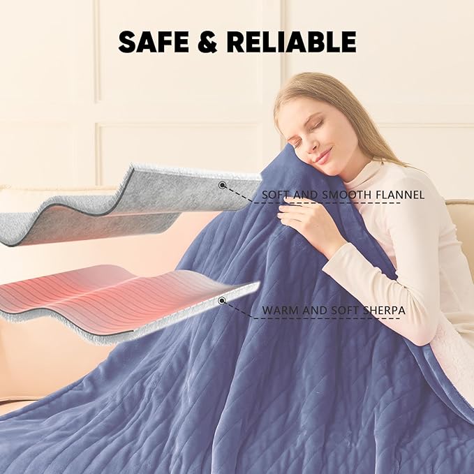 greenoak Heated Blanket Electric Full 72"X84", Heating Blanket with 10 Heat Levels 1/2/4/6/8 Hours Auto-Off Overheat Protection, Flannel Sherpa Soft Warm Heater Blanket, ETL Certified Midnight Blue