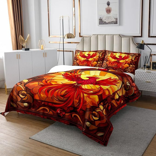 Flying Phoenix Kids Bedspread Queen Size,American Phenix Western Birds Coverlet Set,Boys Girls Room Decor,Geometric Abstract Patchwork Quilted Coverlet,Red Brown Retro Bedding Quilt,2 Pillowcases