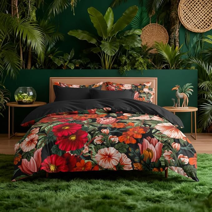 Black Floral Comforter Set King Size, 3 Pcs Vintage Floral Bedding Set for Women, American Retro Microfiber Lightweight Comforter with 2 Pillowcases/104 x90, Black Red