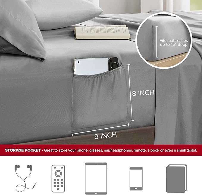 Comfort Spaces Comforter Sets with Sheets - Bed in a Bag 9 Pieces Teen Bedding Sets , Red and Grey Stripes Bedding Full, College Full Bed Set with 2 Side Pockets Bedroom Organizer