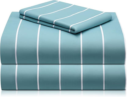 LuxClub Striped Sheets, 3 PC Striped Bed Sheets Twin Size, Deep Pockets 18" Eco Friendly Wrinkle Free-Kids-Fitted Sheets Machine Washable Hotel Bedding (Twin, Light Blue)