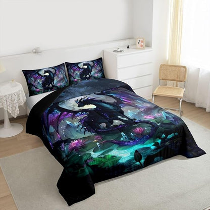 Feelyou Dragon Comforter Set Queen Size Dragon Stuff Bedding Set for Kids Boys Girls Wild Life Duvet Quilt Magic Wildlife Bedroom Decor Black Purplish 3 Pcs with 2 Pillow Cases