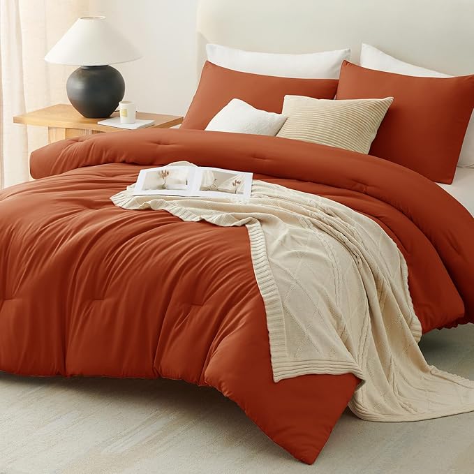 CozyLux Full Size Comforter Set Terracotta, 3 Pieces Burnt Orange Rust Solid Breathable Fall Bedding Sets, Luxury Lightweight Soft Bed Set with Down Alternative Comforter and 2 Pillowcases All Season