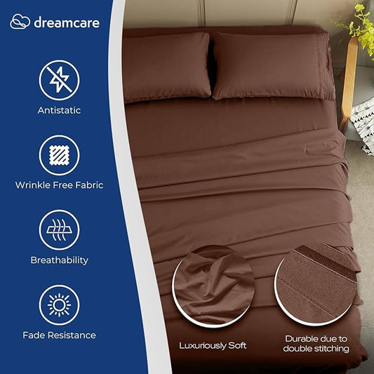 DREAMCARE Full Size Sheets Set - 4 Pcs Cooling Bed Sheets with Up to 15" Deep Pockets - Soft, Long-Lasting 100% Brushed Polyester with Side Pocket (Mocha Brown)