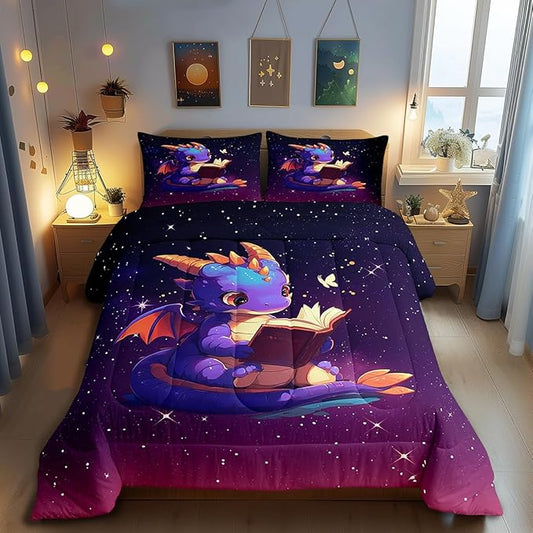 Lovely Dragon Comforter Set King Size Purple Black Ombre Galaxy Bedding Set Bedroom Decor Cartoon Dragon Book Quilt Set Dreamy Glittering Print Starry Duvet Insert with 2 Pillowcases