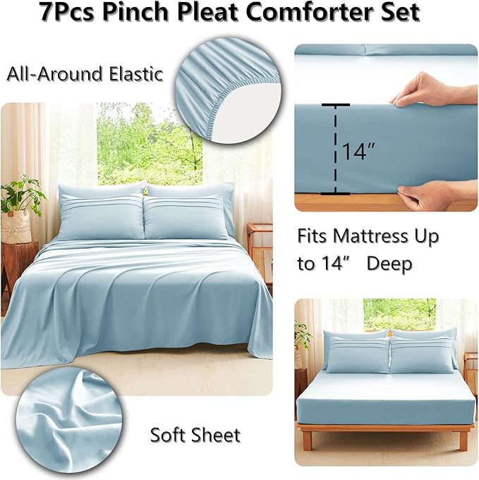 CozyLux King Size Comforter Set Light Blue, 7 Pieces Soft Pinch Pleat Bed in a Bag King Comforter Set with Sheets, Boho Bed Set with Down Alternative Comforter, Sheets, Pillowcases & Shams